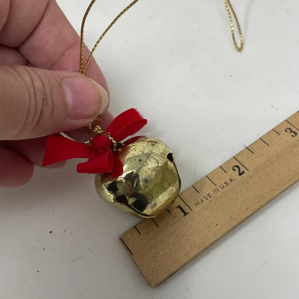 Vintage Gold Jingle Bell Christmas Ornaments Red Bow Set 7 Rustic Holiday Decor